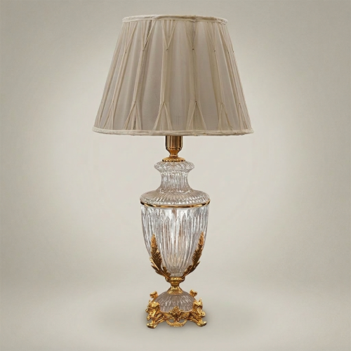 Classical Crystal Urn Table Lamp Ornate Brass Acanthus Leaf Base Cream Fabric Shade Brass and Wood Gold Front | Brass & Wood