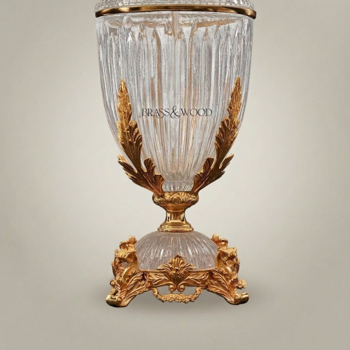 Classical Crystal Urn Table Lamp Ornate Brass Acanthus Leaf Base Cream Fabric Shade Brass and Wood Gold Front | Brass & Wood
