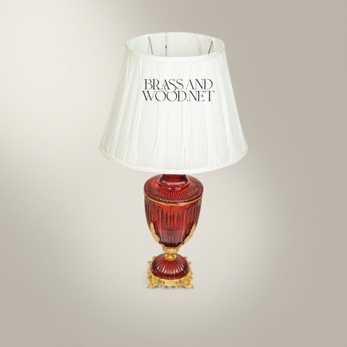 Classical Red Crystal Urn Table Lamp Ribbed Vase Ornate Brass Base Off-White Fabric Shade Brass and Wood Gold Front | Brass & Wood