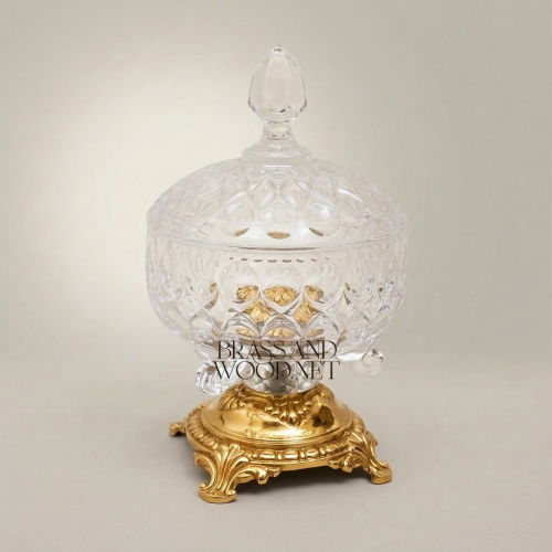 Classical Cut Crystal Bonbonniere Heavily Ornate Brass Footed Base Luxury Decor Brass and Wood Gold Front | Brass & Wood