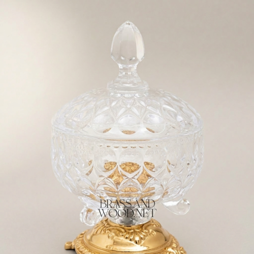 Classical Cut Crystal Bonbonniere Heavily Ornate Brass Footed Base Luxury Decor Brass and Wood Gold Front | Brass & Wood