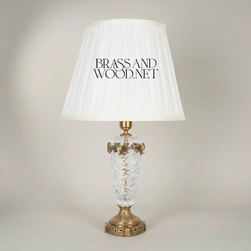 Classical Cut Crystal Brass Table Lamp Vase Body Ornate Base Pleated White Shade Brass and Wood antique Front | Brass & Wood