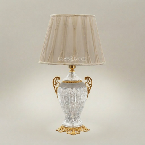 Classical Cut Crystal Urn Table Lamp Ornate Brass Base Cream Pleated Shade Brass and Wood Gold Front | Brass & Wood