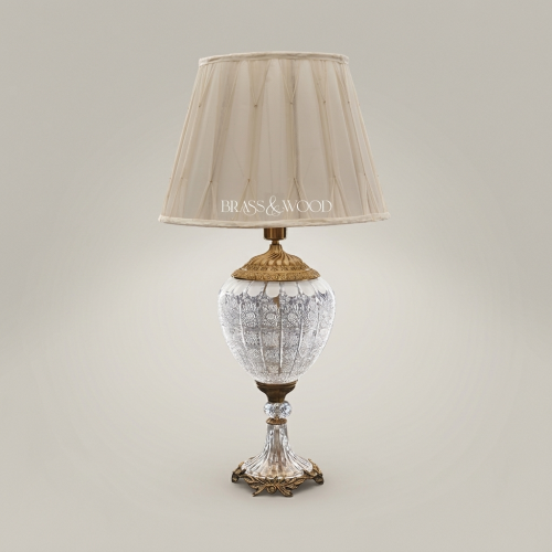 Classical Cut-Crystal Urn Table Lamp Ornate Brass Foliage Base Ivory Fabric Shade Brass and Wood Gold Front | Brass & Wood
