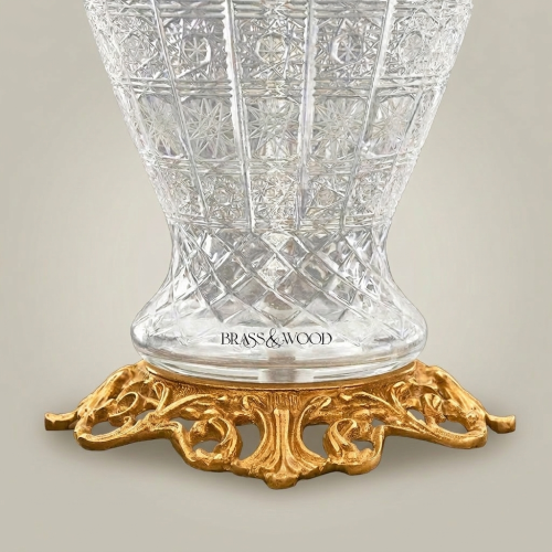 Classical Cut Crystal Urn Table Lamp Ornate Brass Base Cream Pleated Shade Brass and Wood Gold Front | Brass & Wood