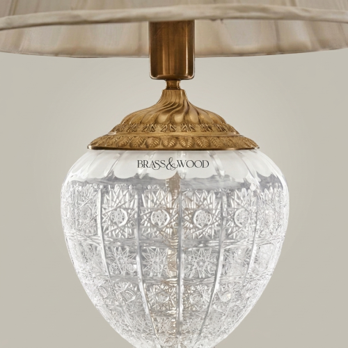 Classical Cut-Crystal Urn Table Lamp Ornate Brass Foliage Base Ivory Fabric Shade Brass and Wood Gold Front | Brass & Wood