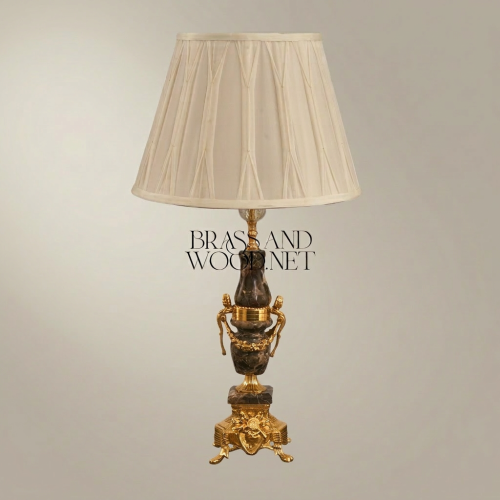 Classical Emperador Dark Marble Brass Ornate Urn Table Lamp Ivory Shade Brass and Wood Gold Front | Brass & Wood