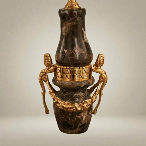Classical Emperador Dark Marble Brass Ornate Urn Table Lamp Ivory Shade Brass and Wood Gold Front | Brass & Wood