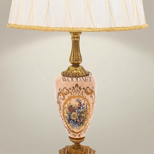 Classical Floral Hand-Painted Ceramic Table Lamp Ornate Brass Base Pleated Fabric Shade Brass and Wood Gold Front | Brass & Wood