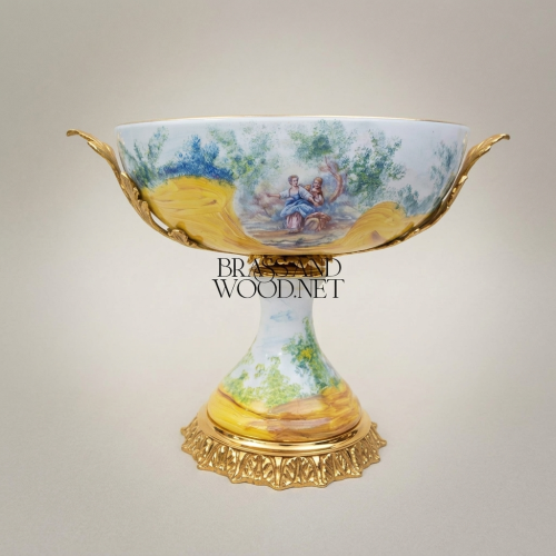 Classical Hand-Painted Porcelain Pedestal Compote Bowl Brass Filigree Base Rococo Brass and Wood Gold Front | Brass & Wood
