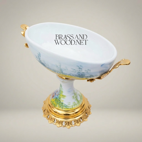 Classical Hand-Painted Porcelain Pedestal Compote Bowl Brass Filigree Base Rococo Brass and Wood Gold Front | Brass & Wood