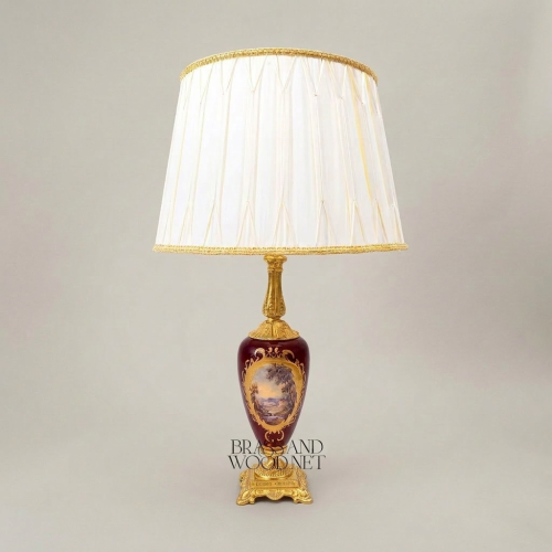 Classical Painted Wine Ceramic Table Lamp Floral Medallion Urn Base Ivory Fabric Shade Brass Accents Gold Front | Brass & Wood