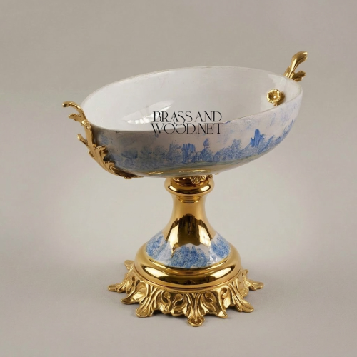 Classical Porcelain and Brass Pedestal Compote Bowl with Blue Landscape Motif and Ornate Rococo Base Gold Front | Brass & Wood
