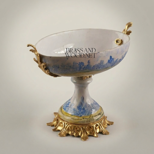 Classical Porcelain and Brass Pedestal Compote Bowl with Blue Landscape Motif and Ornate Rococo Base Gold Front | Brass & Wood
