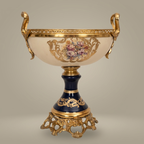 Classical Porcelain Brass Pedestal Compote Floral Medallion Openwork Rim Cobalt Blue Brass and Wood Gold Front | Brass & Wood