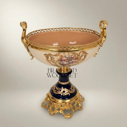 Classical Porcelain Brass Pedestal Compote Floral Medallion Openwork Rim Cobalt Blue Brass and Wood Gold Front | Brass & Wood