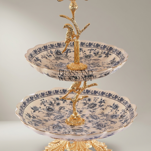 Classical Two-Tier Porcelain Serving Stand Blue Floral with Brass Bird Tree Sculpture Brass and Wood Gold Front | Brass & Wood