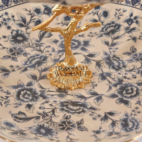 Classical Two-Tier Porcelain Serving Stand Blue Floral with Brass Bird Tree Sculpture Brass and Wood Gold Front | Brass & Wood