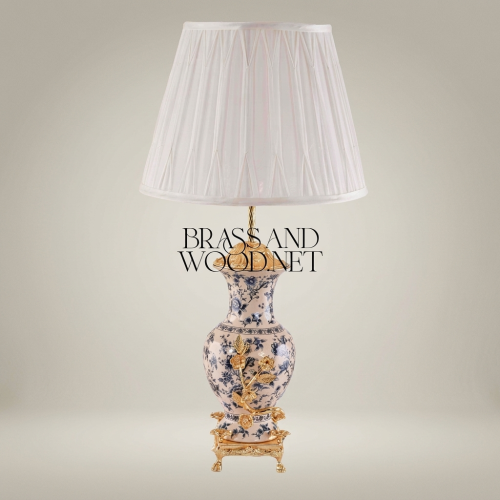 Classical Blue Floral Porcelain Vase Table Lamp with Brass Botanical Appliqués and Claw-Foot Base Gold Front | Brass & Wood