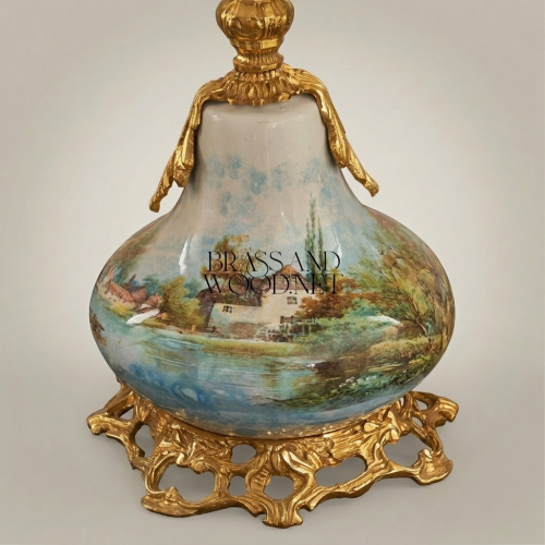 Classical Hand-Painted Porcelain Table Lamp Ornate Brass Base Rococo Ivory Shade Brass and Wood Gold Front | Brass & Wood