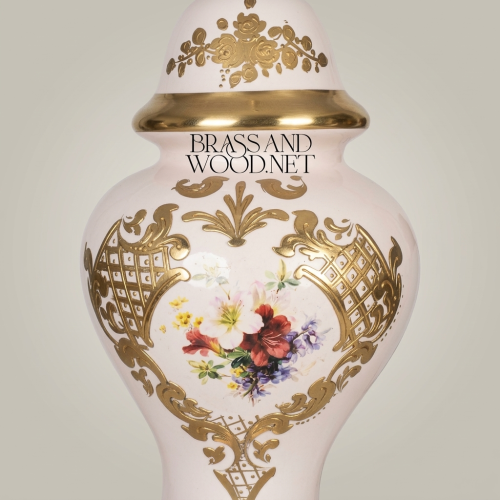 Classical Hand-Painted Porcelain Table Lamp Floral Bouquet Ornate Brass Claw-Foot Base White Pleated Shade Brass and Wood Gold Front | Brass & Wood