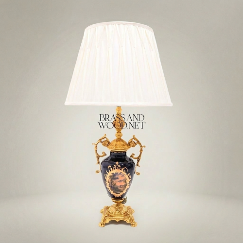 Classical Hand-Painted Porcelain Urn Table Lamp Ornate Brass Fittings Cobalt Blue Landscape Brass and Wood Gold Front | Brass & Wood