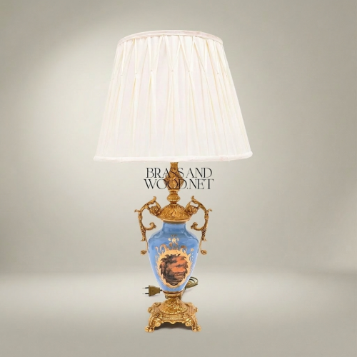 Classical Blue Porcelain Urn Table Lamp Hand-Painted Medallion Ornate Brass Scrollwork Off-White Pleated Shade Gold Front | Brass & Wood