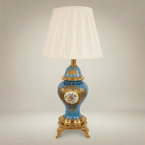 Classical Blue Porcelain Vase Table Lamp Hand-Painted Floral Motif Ornate Brass Base Off-White Shade Brass and Wood Gold Front | Brass & Wood