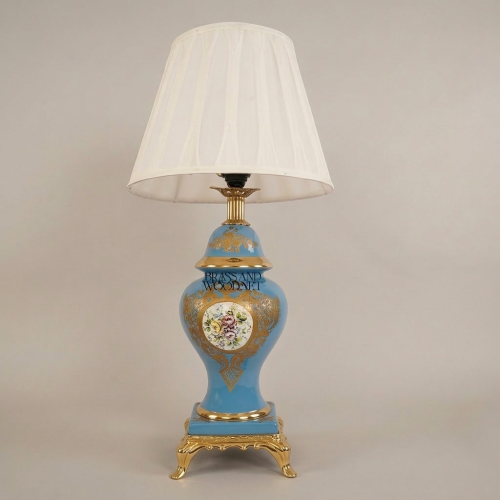 Classical Blue Porcelain Vase Table Lamp Hand-Painted Floral Motif Ornate Brass Base Off-White Shade Brass and Wood Gold Front | Brass & Wood