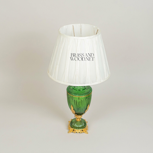 Classical Ribbed Green Glass Urn Table Lamp Ornate Brass Acanthus Base White Fabric Shade Brass and Wood Gold Front | Brass & Wood