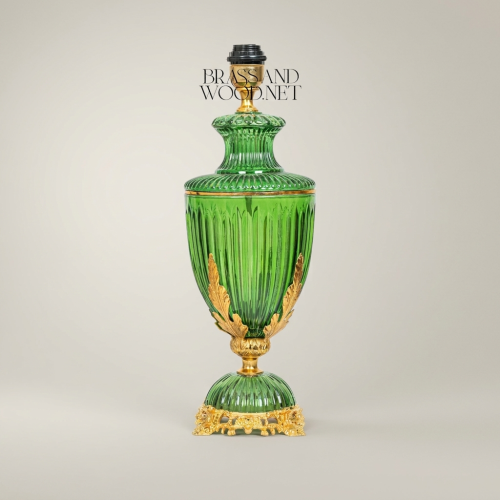 Classical Ribbed Green Glass Urn Table Lamp Ornate Brass Acanthus Base White Fabric Shade Brass and Wood Gold Front | Brass & Wood