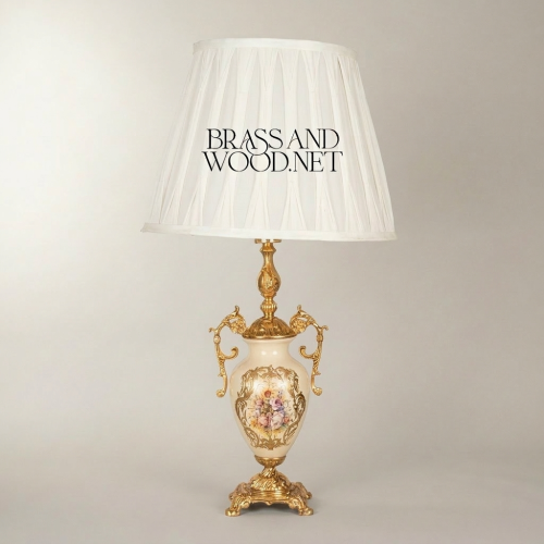 Classical Rococo Brass and Ceramic Table Lamp Floral Hand-Painted Urn Base White Pleated Shade Gold Front | Brass & Wood