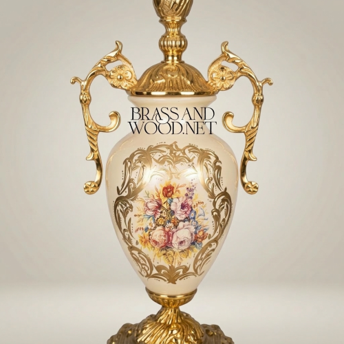 Classical Rococo Brass and Ceramic Table Lamp Floral Hand-Painted Urn Base White Pleated Shade Gold Front | Brass & Wood