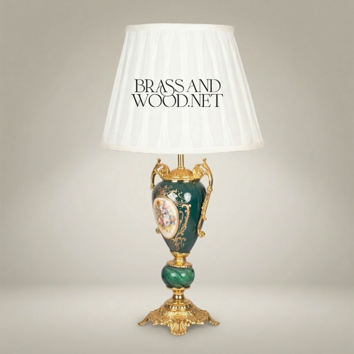 Classical Rococo Green Ceramic Urn Table Lamp Hand-Painted Floral Medallion Brass Base White Pleated Shade Brass and Wood Gold Front | Brass & Wood