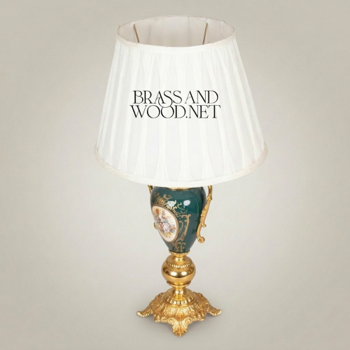 Classical Rococo Green Ceramic Urn Table Lamp Hand-Painted Floral Medallion Brass Base White Pleated Shade Brass and Wood Gold Front | Brass & Wood