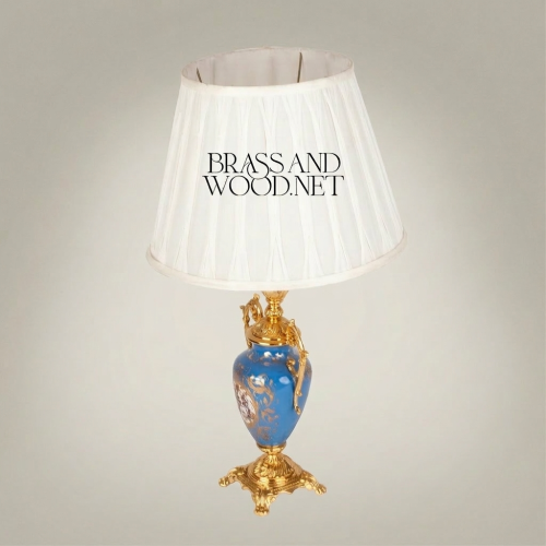 Classical Sèvres-Style Blue Porcelain Urn Table Lamp with Ornate Brass Handles and White Pleated Shade - Brass and Wood Gold Front | Brass & Wood