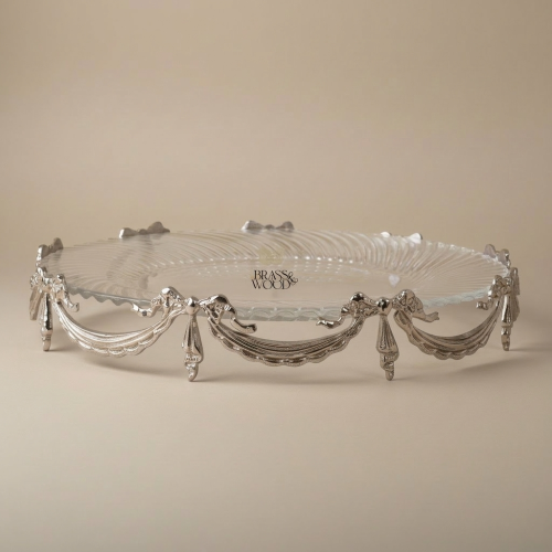 Classical Oval Brass Ribbed Glass Centerpiece Tray with Swag Tassel Ornamentation Brass and Wood Antique Front | Brass & Wood