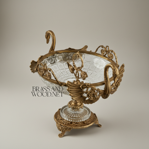 Classical Swan Brass and Crystal Centerpiece Bowl with Rose Motifs and Ornate Pedestal Base Antique Front | Brass & Wood