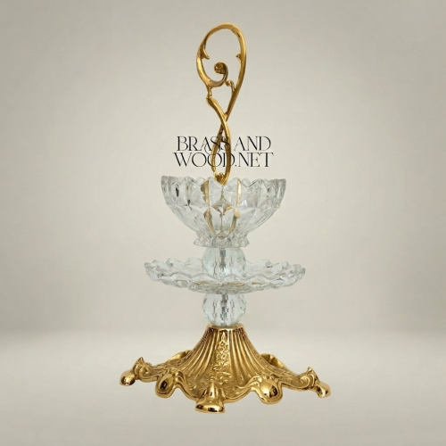 Classical Two-Tier Crystal and Brass Candy Dish Ornate Scrollwork Handle Luxury Serving Stand Gold Front | Brass & Wood
