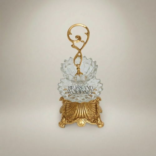 Classical Two-Tier Crystal and Brass Candy Dish Ornate Scrollwork Handle Luxury Serving Stand Gold Front | Brass & Wood