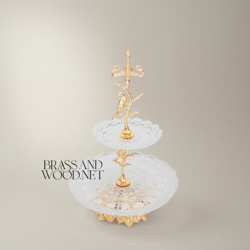 Classical Two-Tier Ornate Glass Brass Serving Stand Bird Branch Motif Brass and Wood Gold Front | Brass & Wood