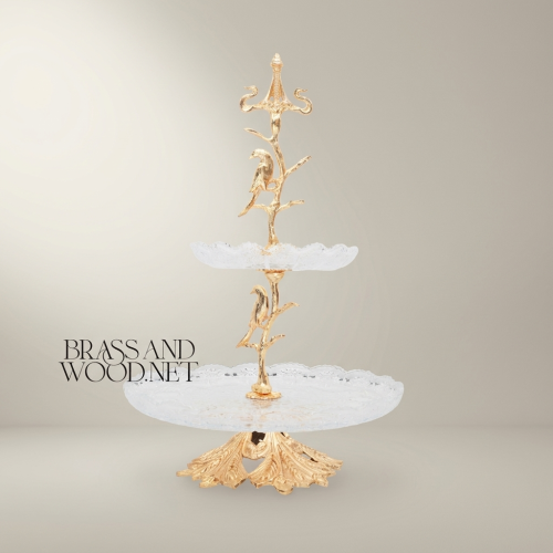 Classical Two-Tier Ornate Glass Brass Serving Stand Bird Branch Motif Brass and Wood Gold Front | Brass & Wood