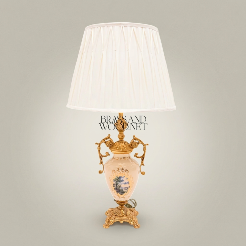 Classical Ceramic Urn Table Lamp with Brass Scrollwork Handles Pleated Off-White Shade Brass and Wood Gold Front | Brass & Wood