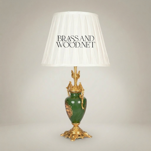 Classical Green Ceramic Urn Table Lamp Ornate Brass Foliage Base Pleated White Shade Brass and Wood Gold Front | Brass & Wood
