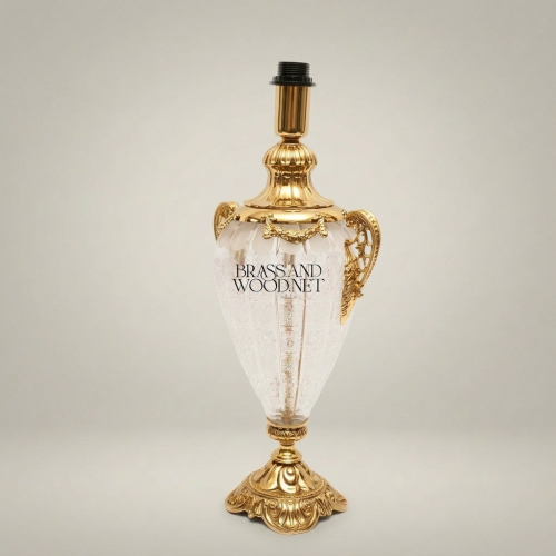 Classical Urn Table Lamp Base Crackled Glass Body Ornate Brass Handles Pedestal Brass and Wood Gold Front | Brass & Wood