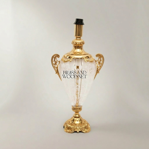 Classical Urn Table Lamp Base Crackled Glass Body Ornate Brass Handles Pedestal Brass and Wood Gold Front | Brass & Wood