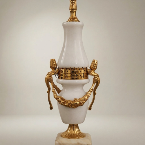 Classical Urn Table Lamp Brass Garland Ornate Base Pleated Ivory Fabric Shade Gold Front | Brass & Wood