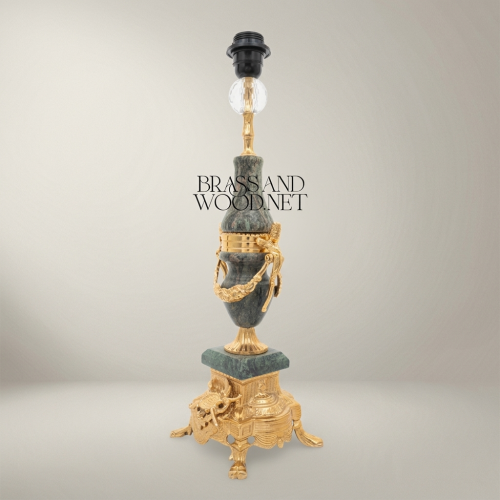 Classical Urn Table Lamp Green Marble Ornate Brass Figural Base Brass and Wood Gold Front | Brass & Wood