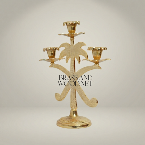 Egyptian Palm Tree Brass Candelabra - 3-Arm Ornate Candleholder