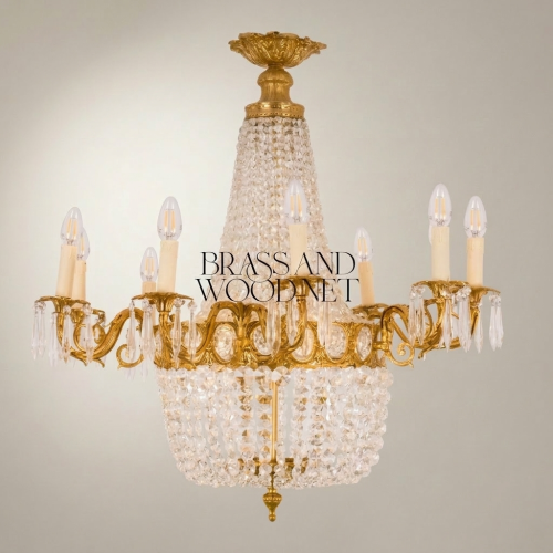 Empire Brass & Crystal Basket Chandelier - 10-Arm Acanthus Crown Canopy